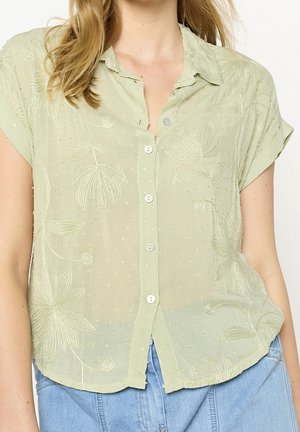 Lichtgroene, semi-transparante blouse met korte mouwen. Heeft bloemrijke borduursels en getextureerde stippen, afgewerkt met een knoopsluiting aan de voorkant.