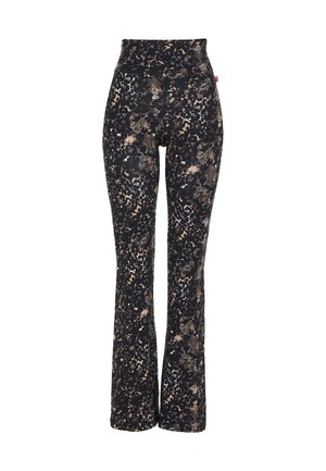 High-waisted flared pants with a black base, featuring a snake and leopard print pattern in tan and cream tones.