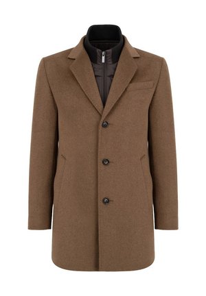 Brązowy wełniany płaszcz z wyłogowym kołnierzem, wyraźnymi guzikami i zapinaną na zamek wewnętrzną warstwą. Posiada boczne kieszenie i elegancki krój.