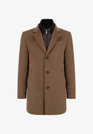 Brązowy wełniany płaszcz z wyłogowym kołnierzem, wyraźnymi guzikami i zapinaną na zamek wewnętrzną warstwą. Posiada boczne kieszenie i elegancki krój.
