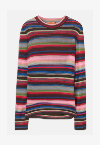 Ριγέ ζακέτα μακριού μανικιού με ριγέ υφή. Χρώματα: κόκκινο, μπλε, πράσινο, ροζ και καφέ, με στρογγυλή λαιμόκοψη.