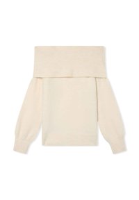 Maglione crema off-the-shoulder con polsini e scollatura a coste. Texture morbida, maniche oversize e vestibilità rilassata.