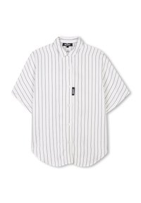 Kortebroek, knoopsluiting overhemd in het wit met dunne zwarte strepen, voorzien van een kraag en het DKNY-merklabel aan de voorkant. Zacht, glad materiaal.