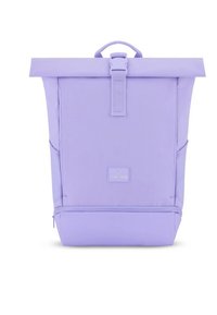 Lila hengeres tetejű hátizsák sima szövetes felülettel, oldalzsebekkel, logóval ellátott folttal és felső hordozófogantyúval.