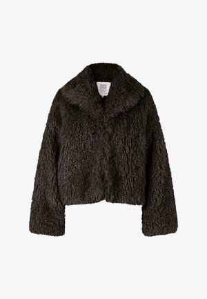 Faux fur, cropped jacket in dark brown. Features a wide, soft collar and long sleeves. Textured surface with a shaggy appearance.