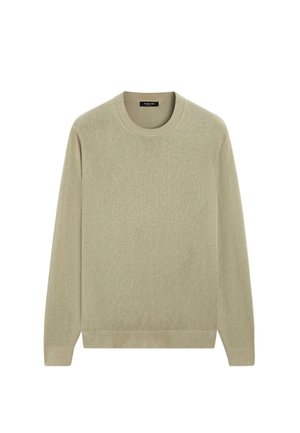 Jasnozielony sweter z długimi rękawami, okrągłym dekoltem i żebrowanymi mankietami. Wykonany z miękkiego, gładkiego materiału o minimalistycznym wzornictwie.