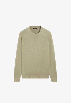 Jasnozielony sweter z długimi rękawami, okrągłym dekoltem i żebrowanymi mankietami. Wykonany z miękkiego, gładkiego materiału o minimalistycznym wzornictwie.