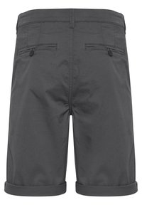 Gray cotton shorts with rolled cuffs, two back pockets with buttons, and a standard waistline. Smooth texture and classic design.