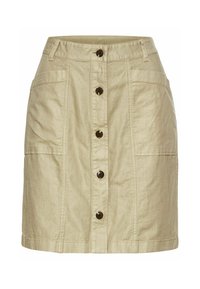 Jupe en lin beige clair avec une fermeture à boutons à l'avant, deux poches latérales et des coutures pour ajouter de la texture.