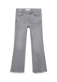 Blugi din denim gri cu picior evazat și margine brută. Design clasic cu cinci buzunare și închidere cu nasture la talie. Material moale, texturat.
