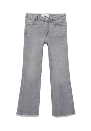 Jeans in denim grigio con gamba a zampa d'elefante e orlo grezzo. Design classico a cinque tasche e chiusura con bottone in vita. Tessuto morbido e textured.