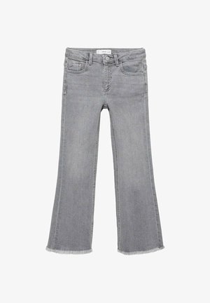 Szare dżinsy z dzwonowymi nogawkami i surowym wykończeniem. Klasyczny fason pięciu kieszeni z zapięciem na guzik w pasie. Miękka, teksturowana tkanina.