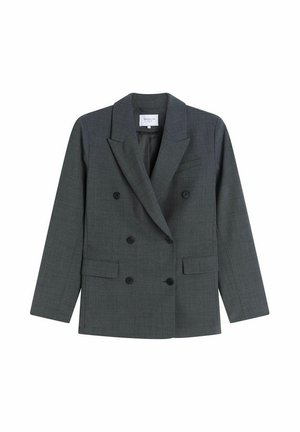Blazer double boutonné gris foncé en tissu texturé, avec un col cranté, des poches avant et des boutons noirs.