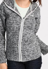 Persona che indossa una felpa grigia con zip e texture sopra una maglietta verde chiaro, con jeans scuri, in piedi contro uno sfondo semplice.