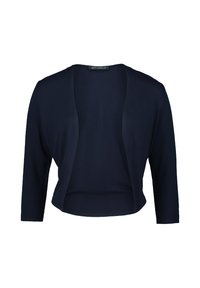 Marineblauwe gekorte cardigan, gemaakt van zachte stof, heeft driekwart mouwen en een open voorkant zonder sluitingen.