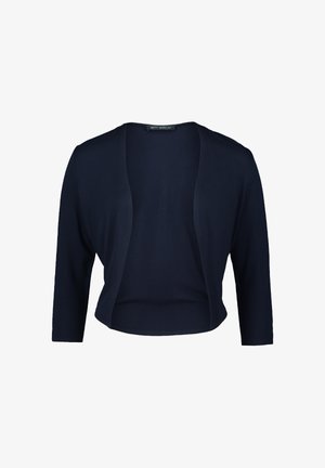 Marineblauwe gekorte cardigan, gemaakt van zachte stof, heeft driekwart mouwen en een open voorkant zonder sluitingen.