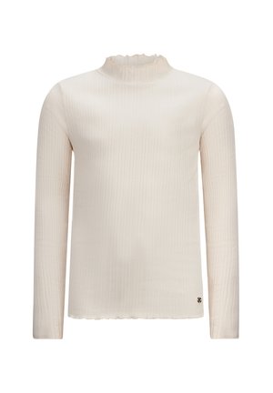 Blouse à manches longues en beige clair, avec une texture côtelée et un col montant à volants. Comprend un petit logo en accent au bas.