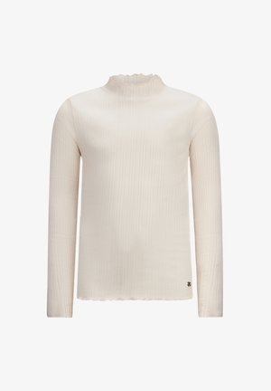Blusa a maniche lunghe in beige chiaro, con una texture a coste e un colletto a ruota arricciato. Include un piccolo logo in basso.