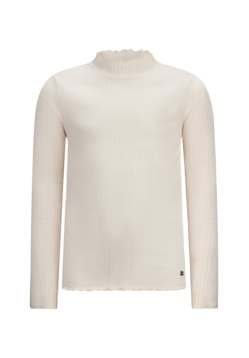 Langärmlige Bluse in hellbeige, mit gerippter Textur und einem rüschengemachten Halsausschnitt. Mit einem kleinen Logoakzent am Saum.