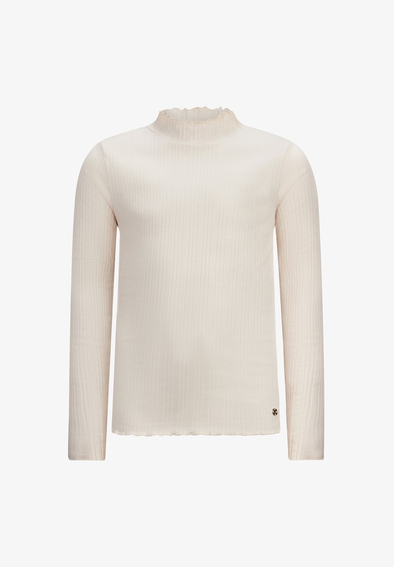 Langärmlige Bluse in hellbeige, mit gerippter Textur und einem rüschengemachten Halsausschnitt. Mit einem kleinen Logoakzent am Saum.