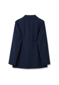 Blazer blu navy con maniche lunghe, dettagli con bottoni sui polsini e colletto classico, mostrato da dietro su uno sfondo bianco.