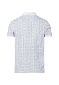 Poloshirt mit Kragen und kurzen Ärmeln in Weiß mit einem marineblauen geometrischen Muster. Glatter Stoff, mit einem einfarbigen weißen Kragen und Bündchen.