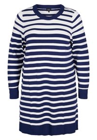 Robe à manches longues rayée avec des rayures horizontales bleu marine et blanches, col rond, poignets et ourlet côtelés.