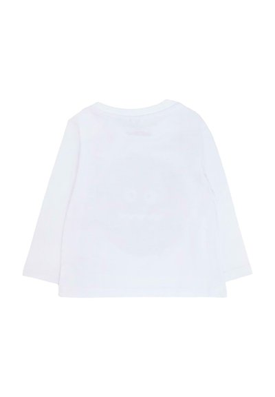 Maglietta bianca a maniche lunghe realizzata in morbido cotone. Presenta un collo rotondo e una texture liscia. Il retro mostra un discreto design di un volto stampato.