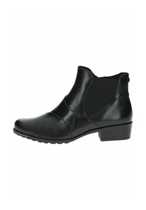 Bottines en cuir noir avec panneaux latéraux élastiques et un petit talon block. Texture lisse avec des détails de coutures subtiles le long de l'empeigne.