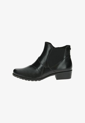 Schwarze Lederstiefelette mit elastischen Seitenpanelen und einem niedrigen Blockabsatz. Glatte Textur mit dezenten gesteppten Details entlang des Obermaterials.
