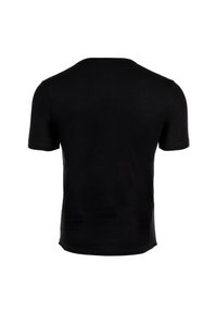 Schwarzes T-Shirt mit kurzen Ärmeln und einem Rundhalsausschnitt, aus glattem Stoff, mit klassischem Schnitt und einfachem, nahtlosem Design.