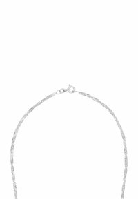 Collana in argento con un design intrecciato, finitura lucida e chiusura a moschettone. Texture liscia con un aspetto delicato.