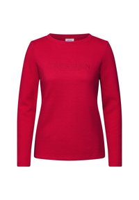 Rode longsleeve top met een gestructureerd visgraatpatroon en het reliëf "TRES BIEN"-tekst. Ronde halsontwerp, zachte stof, geen zichtbare sluitingen.