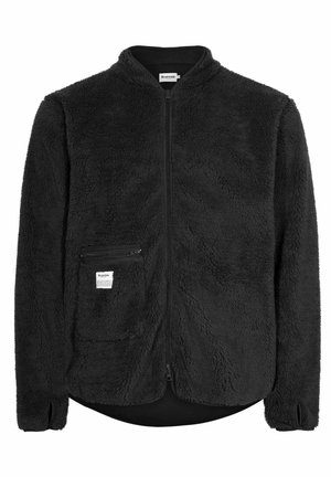 Czarna polarowa kurtka z zamkiem, wysokim kołnierzem i kieszenią na piersi. Teksturowany materiał, prosty krój i ściągacze przy mankietach.