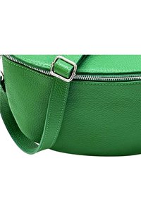 Groene leren crossbody tas met een ronde vorm, textuurafwerking, zilveren ritssluiting en een platte, verstelbare schouderband.