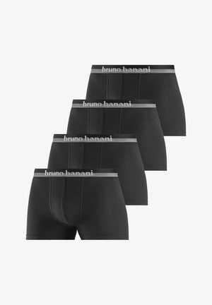 Schwarze Boxershorts aus weichem Stoff, mit einem breiten grauen Elastikbund, auf dem "bruno banani" geprägt ist. Enganliegende Passform.