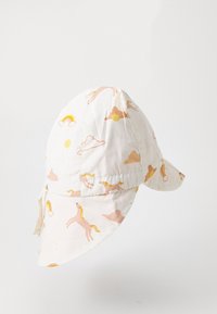 Gorra blanca con estampado de unicornio y arcoíris. Tela suave, corona redondeada y ala ancha. Cuenta con un lazo ajustable en la parte posterior.