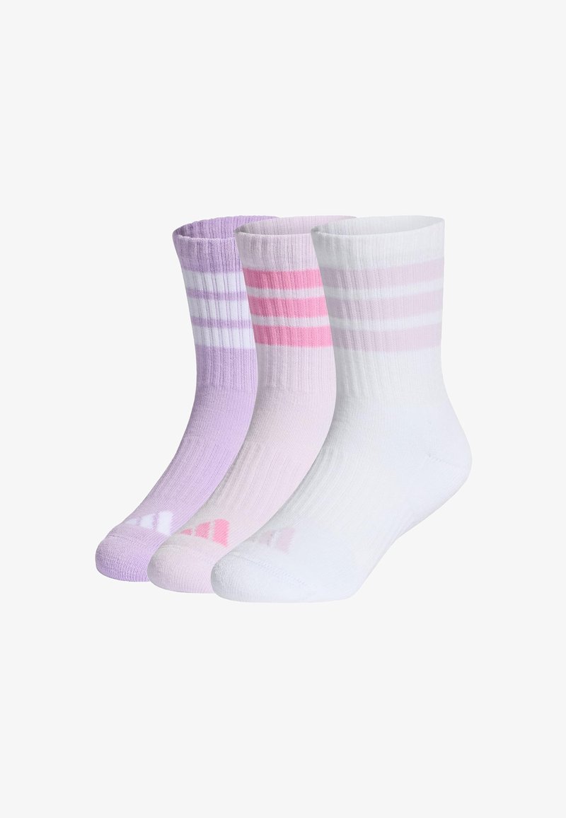 Drei Paar Knöchelsocken in Lila, hellrosa und Weiß. Jede hat horizontale Streifen und eine gerippte Struktur.