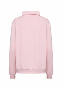 Světlounce růžová mikina s dlouhými rukávy, vysokým límcem a žebrovanými manžetami. Hladká struktura a elastický pas. Jednoduchý, nenápadný design.