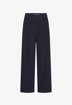 Navy blue wide-leg trousers with belt loops, front pleats, and a concealed front fastening on white background.
