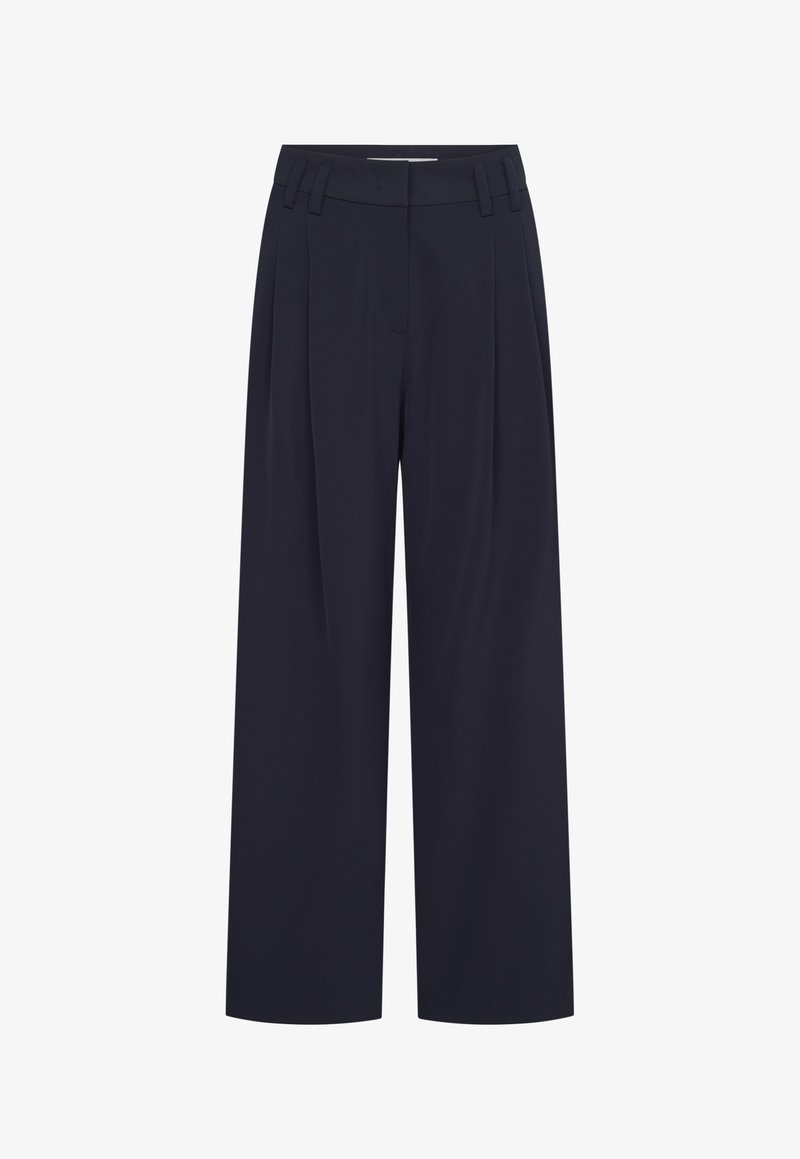 Navy blue wide-leg trousers with belt loops, front pleats, and a concealed front fastening on white background.