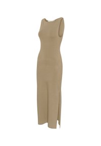 Strick-Midi-Kleid in Beige mit rundem Ausschnitt, ärmellosem Design und seitlichem Schlitz. Glatte Textur, figurbetonte Silhouette.