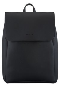 Black leather backpack with a fold-over flap, front pocket, and a top handle. Minimalist design, featuring the brand name "EXPATRIÉ" embossed.