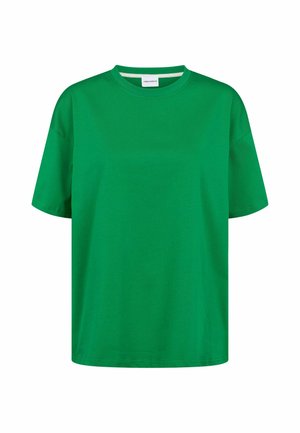 T-shirt vert uni à manches courtes et col rond, présenté sur fond blanc, sans logos ni motifs visibles.