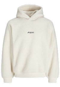 Hoodie en polaire sherpa de couleur crème, à manches longues, avec un petit logo "aprel" centré sur la poitrine, doté de poignets et d'un ourlet côtelés.