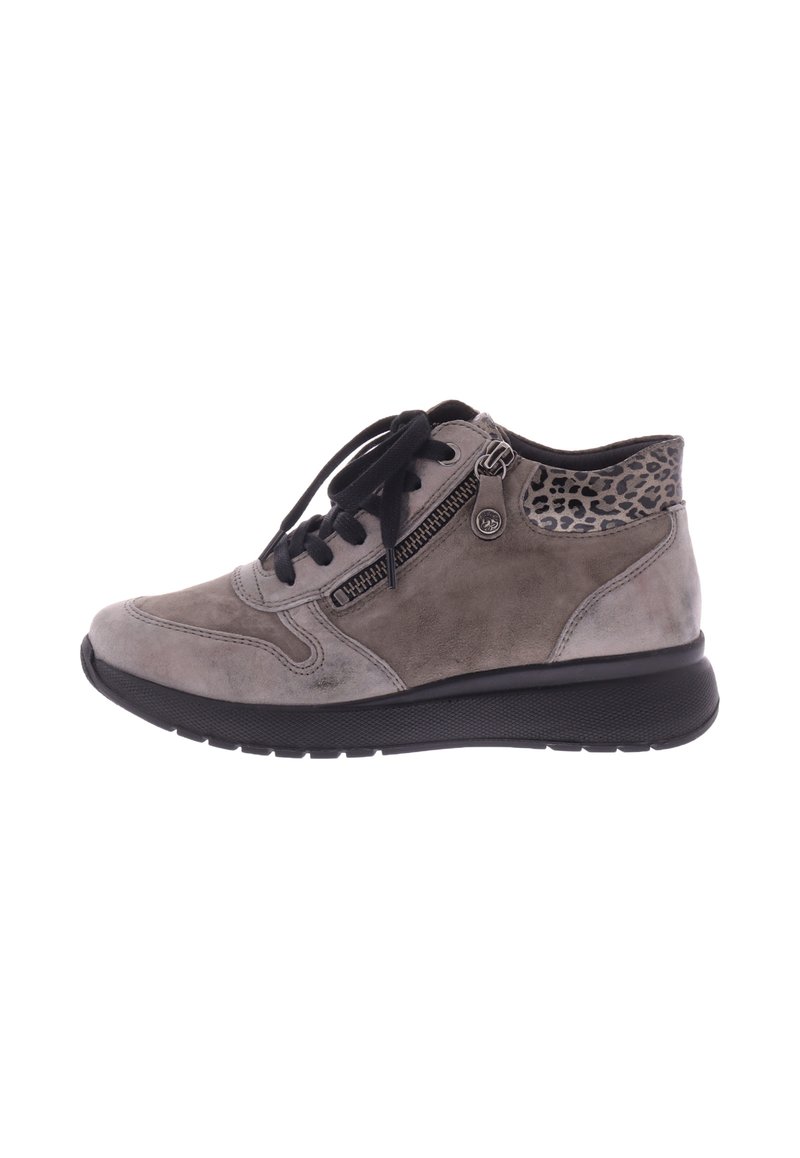 Gray suede sneaker with black laces, side zipper, black sole, and leopard print collar detail shown from the side.