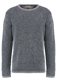 Strickpullover mit einem strukturierten Muster in Dunkelblau und Hellgrau, mit einem runden Hals und gerippten Bündchen und Saum.