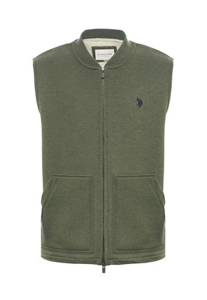 Gilet senza maniche verde oliva realizzato in morbido tessuto, con colletto alto, chiusura con zip e due tasche frontali. Logo ricamato sul petto.