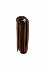 Portefeuille compact en cuir marron plié avec un compartiment zippé, montré de côté sur un fond blanc.