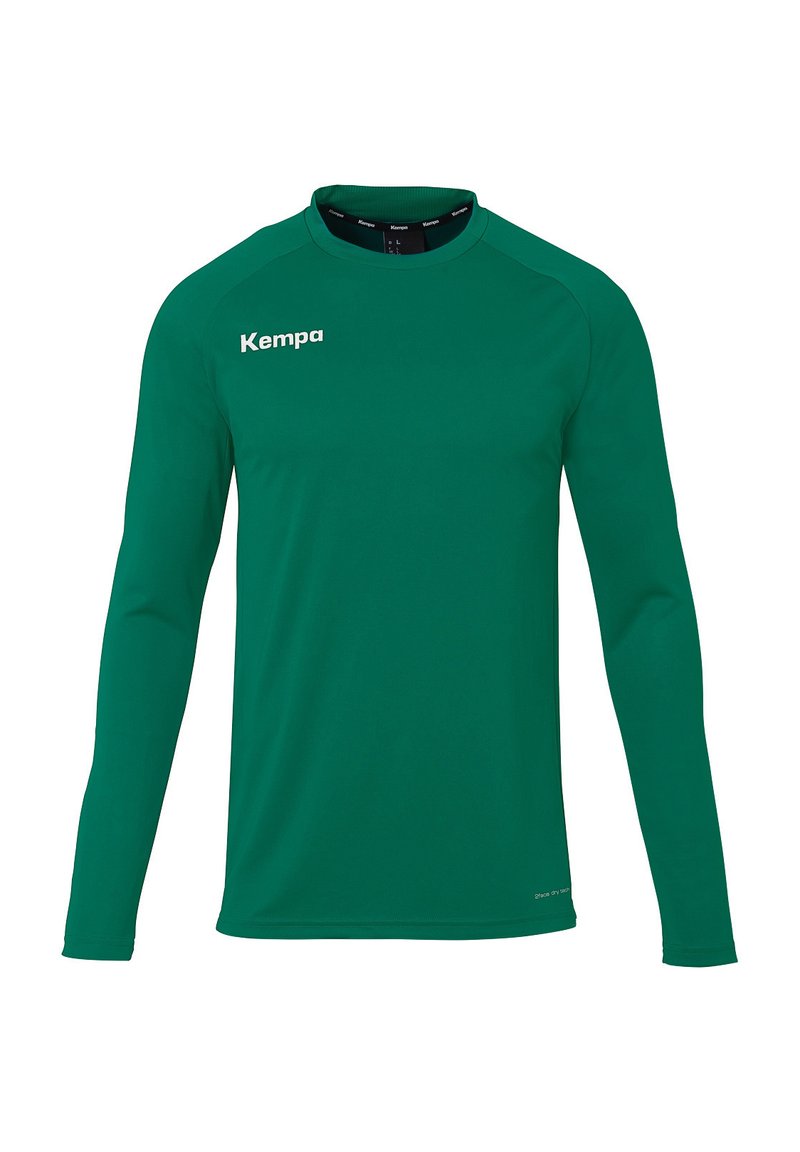 Grøn langærmet sports T-shirt med rund hals; lavet af glat stof; har hvidt 'Kempa' logo på venstre brystområde.